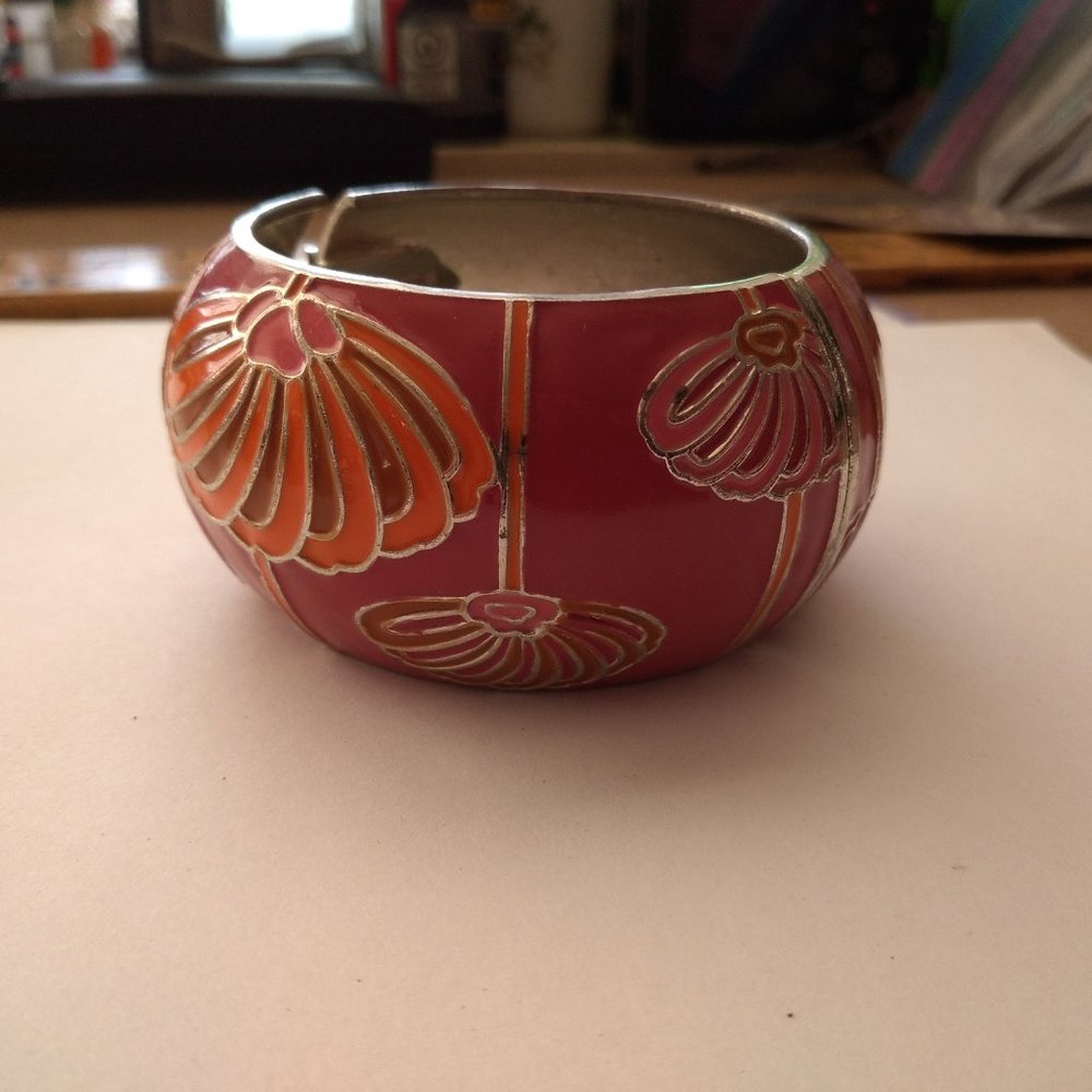 Floral design red and gold wide bangle bracelet